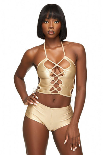 Top corto con cuello halter y cordones en los laterales en tono arena